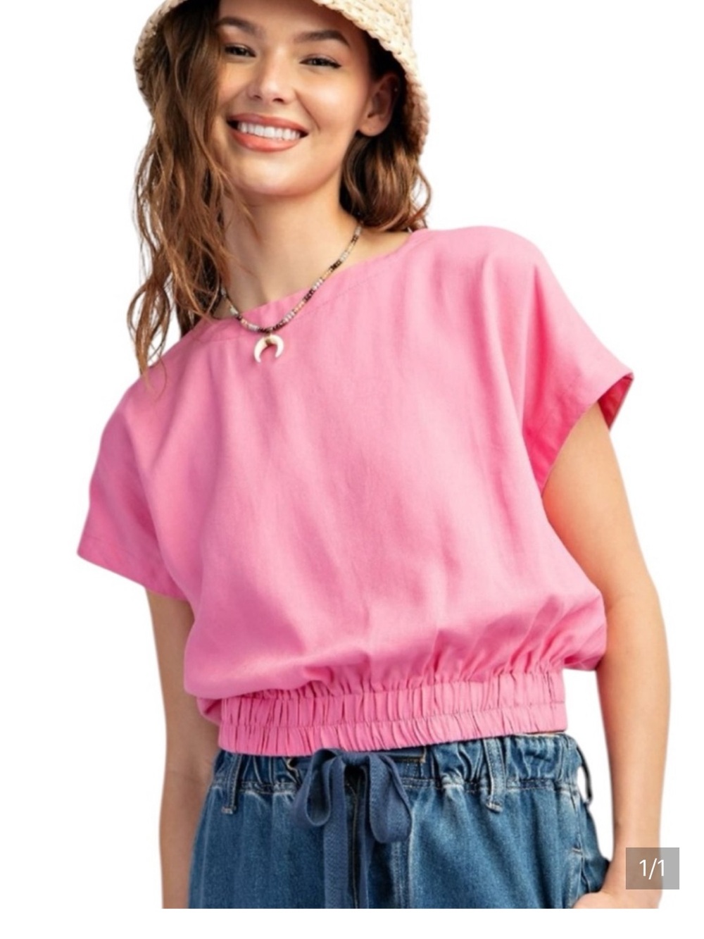 Relaxed Pink Cropped Top with Elastic Hem
